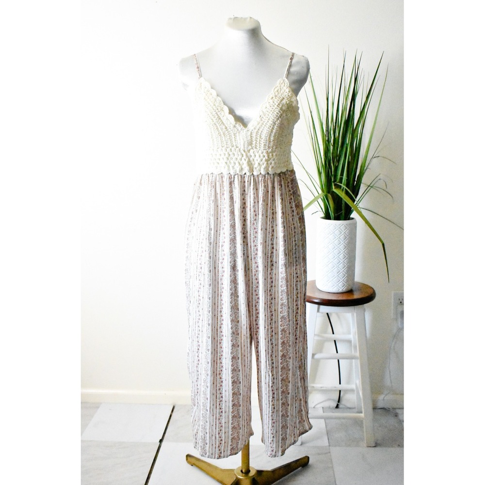 Blush Jumpsuit Women Large Cream Pink Y2K Crochet Floral Wide Leg Smocked Boho